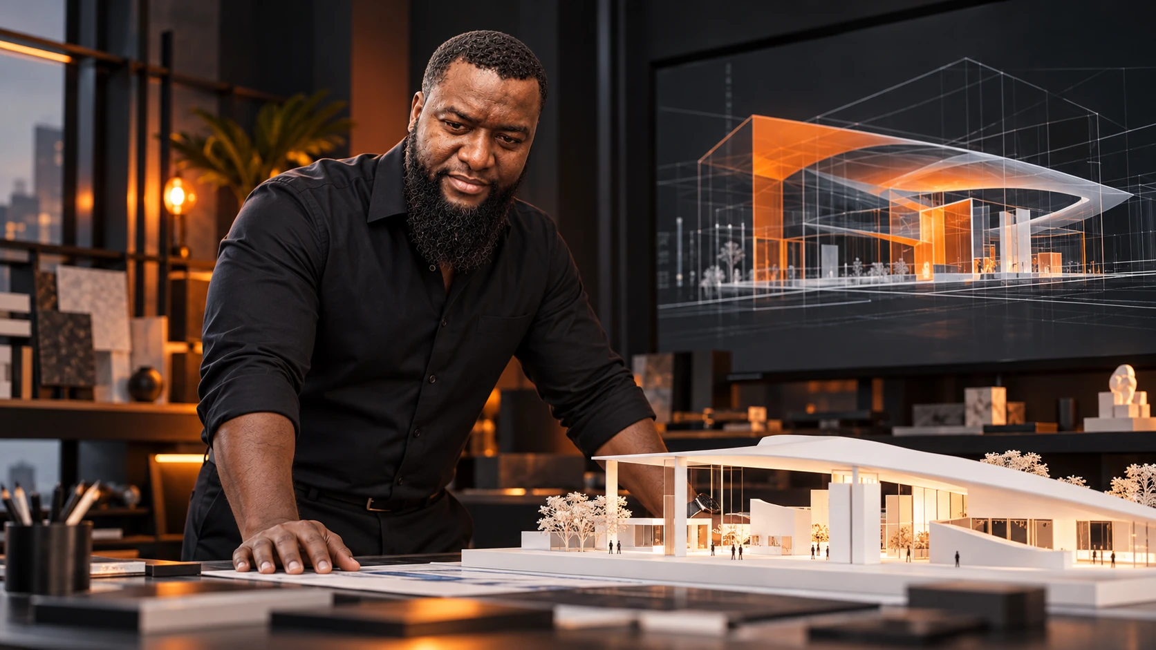 Mise en scène d’Ablaye Diop en conception 3D, avec une maquette d’espace et une visualisation architecturale.