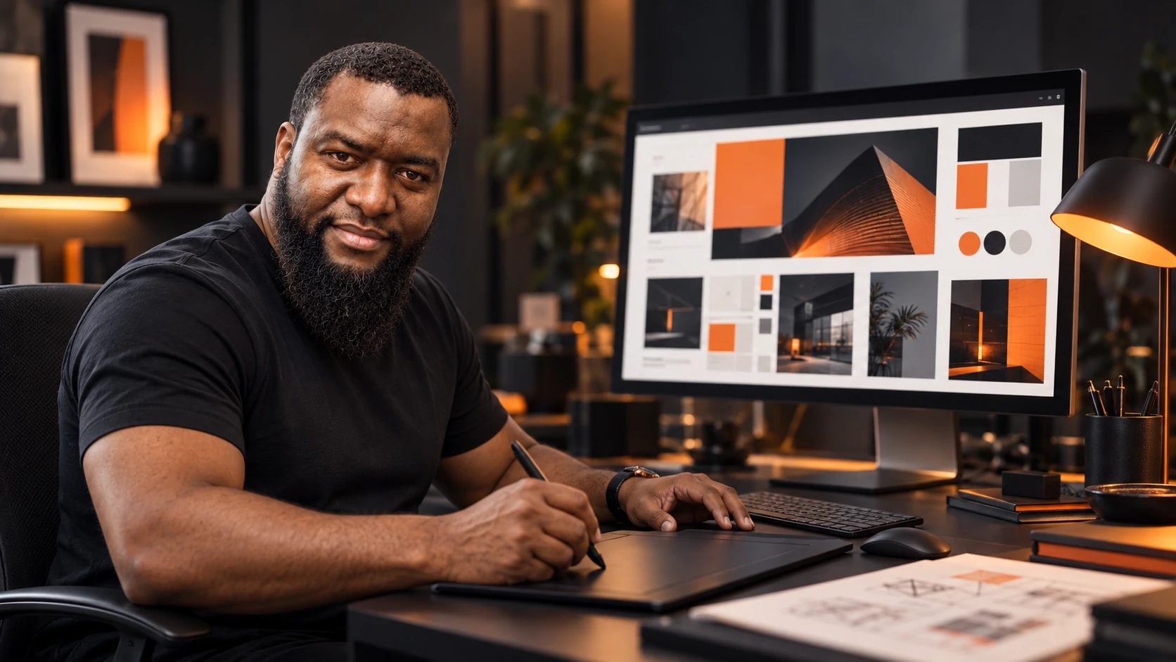 Mise en scène d’Ablaye Diop à une tablette graphique, avec un univers de marque et une interface web à l’écran.